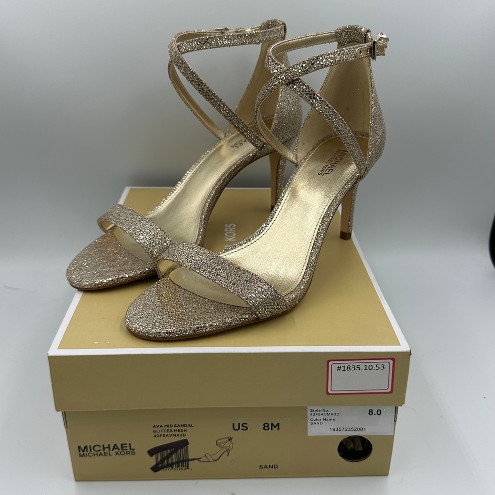 Michael Kors Ava Mid Sandal Glitter Mesh Sand Gold Heels‎ Ankle Strap Size 8 NIB